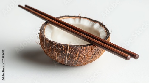 A coconut shell bowl with chopsticks rests on a white surface, combining natural materials and Asian dining elements. photo