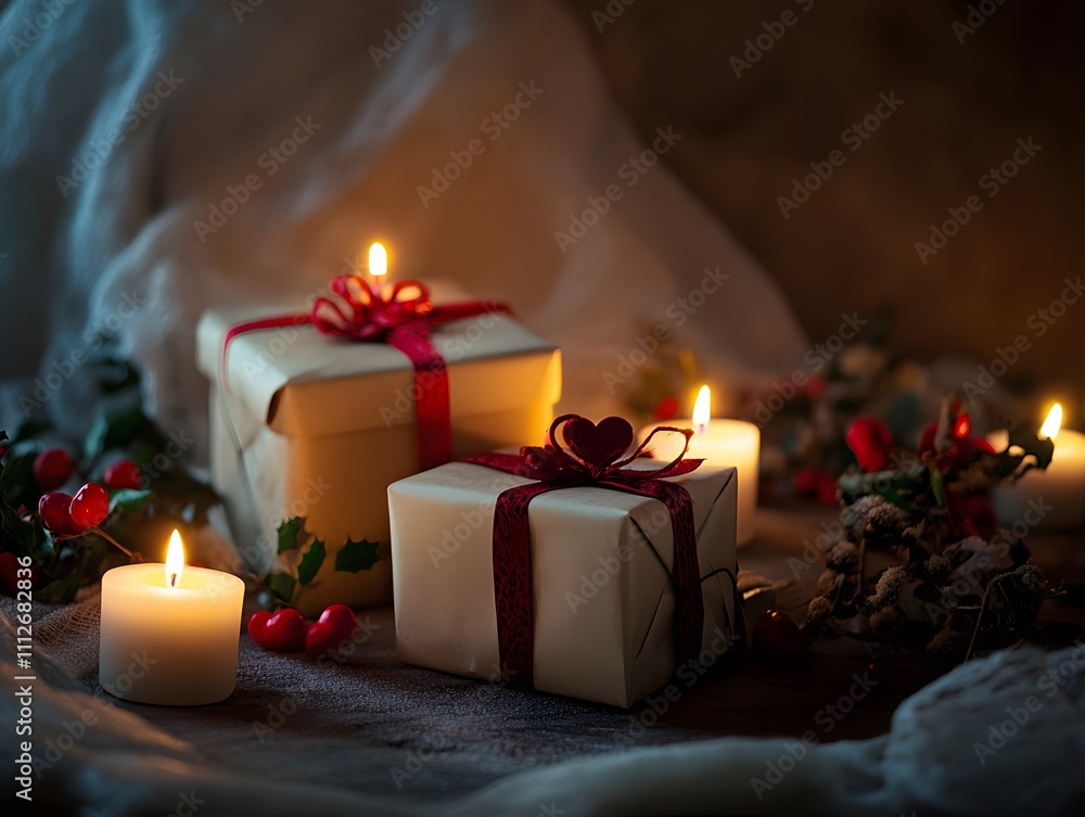 A cozy scene featuring beautifully wrapped gifts with red ribbons and candlelight surrounded by festive decorations, creating a warm and inviting atmosphere for celebrations. A cozy scene featuring beautifully wrapped gifts with red ribbons and candlelight surrounded by festive decorations, creating a warm and inviting atmosphere for celebrations.