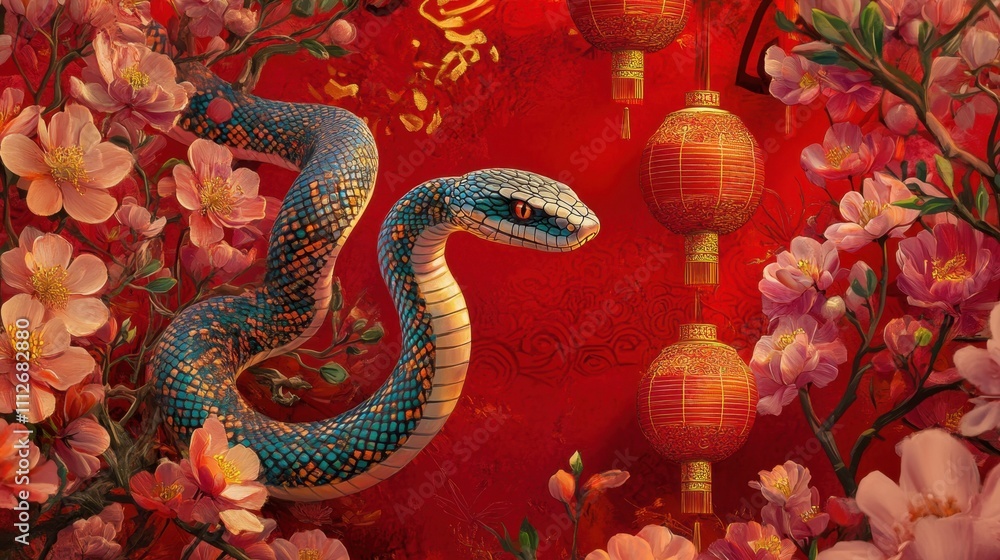 A vibrant red background with a snake coiled among blooming flowers and traditional lanterns for Chinese New Year 2025. A vibrant red background with a snake coiled among blooming flowers and traditional lanterns for Chinese New Year 2025.