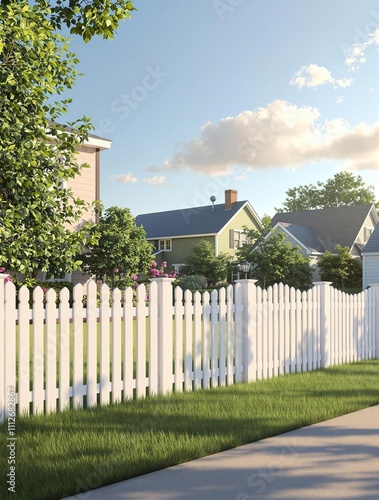 Clean white fence surrounding a well-manicured lawn, grass field, pathway, realty, decorative boundary