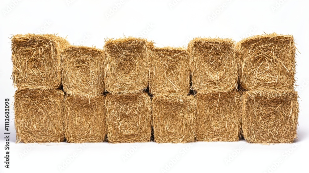 An arrangement of square straw bales, showcasing golden textures on a clean white background for farming visuals. An arrangement of square straw bales, showcasing golden textures on a clean white background for farming visuals.