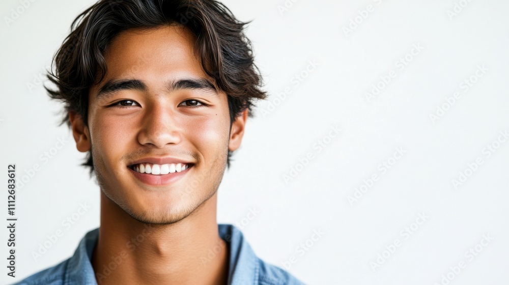 An Asian young man smiling softly while showcasing his glowing skin on a seamless white background, exuding confidence An Asian young man smiling softly while showcasing his glowing skin on a seamless white background, exuding confidence