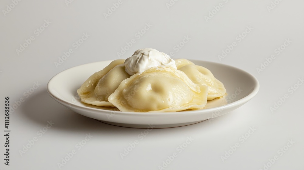 A plate of delicious, creamy dumplings topped with a dollop of sour cream, showcasing a comforting and hearty dish. A plate of delicious, creamy dumplings topped with a dollop of sour cream, showcasing a comforting and hearty dish.