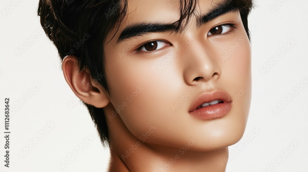 An Asian young man with flawless, glowing skin, confidently looking at the camera on a crisp white background for beauty campaigns. An Asian young man with flawless, glowing skin, confidently looking at the camera on a crisp white background for beauty campaigns.