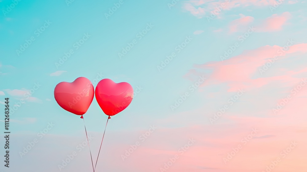 Two pink heart-shaped balloons float against a pastel sky, symbolizing love and celebration. Two pink heart-shaped balloons float against a pastel sky, symbolizing love and celebration.