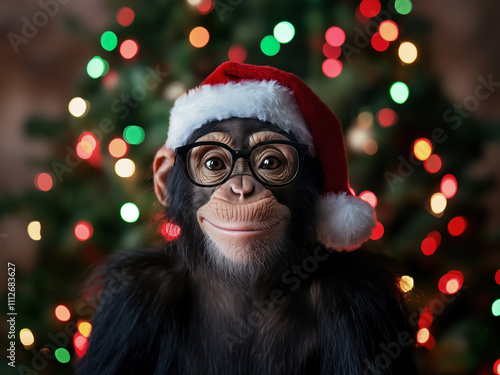 Funny Christmas card image of a happy cute chimpanzee monkey wearing Santa Claus hat, smiling beside Christmas tree with copy space photo