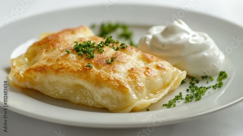 A golden, flaky pastry filled with savory ingredients, served with a dollop of cream and garnished with fresh herbs.