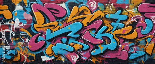 Lively street art: Colorful graffiti wall with abstract shapes and dynamic style in blue, pink, orange and yellow