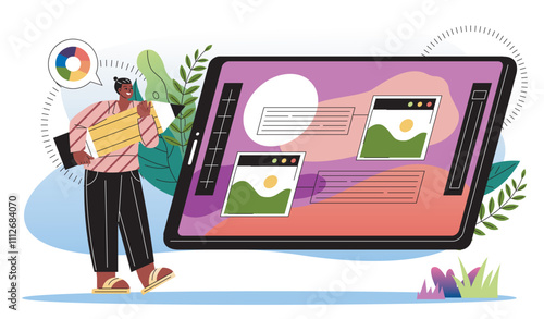 UX UI designer concept. Man with large pencil near computer monitor. Graphic designer and digital artist. Freelancer makes money on Internet. Flat vector illustration
