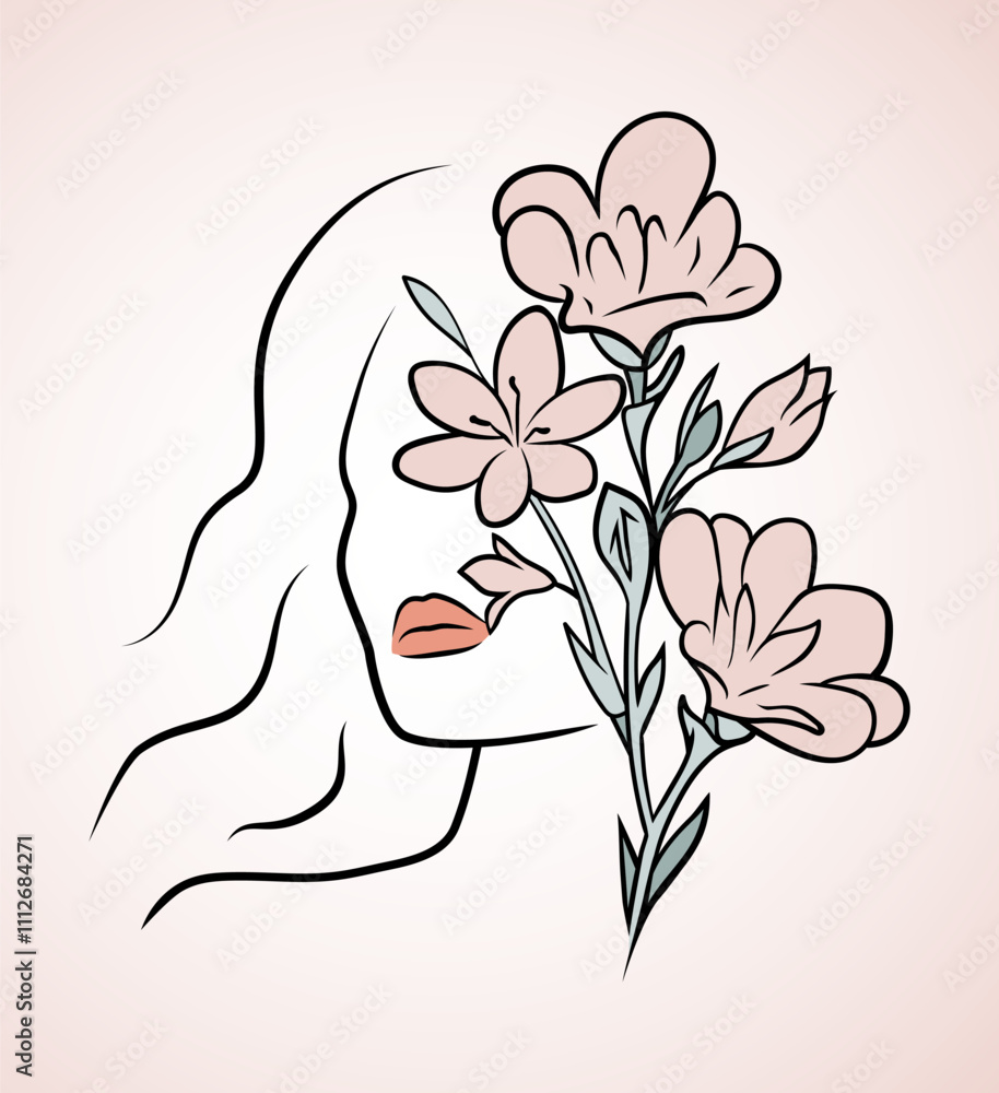 Delicate Line Art Woman with Flowers Delicate Line Art Woman with Flowers
