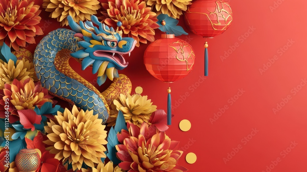 Artistic Chinese New Year 2025 celebration with a decorative snake, vibrant flowers, and festive lanterns on a radiant red backdrop. Artistic Chinese New Year 2025 celebration with a decorative snake, vibrant flowers, and festive lanterns on a radiant red backdrop.