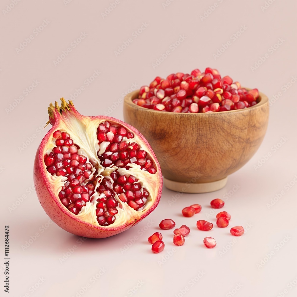 Close-up of a halved pomegranate next to a bowl of seeds in a wooden container, bowl, juicy, seeds, cooking Close-up of a halved pomegranate next to a bowl of seeds in a wooden container, bowl, juicy, seeds, cooking