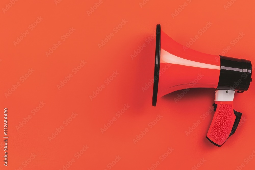 A vibrant red megaphone positioned against an orange background, symbolizing communication and amplification. A vibrant red megaphone positioned against an orange background, symbolizing communication and amplification.