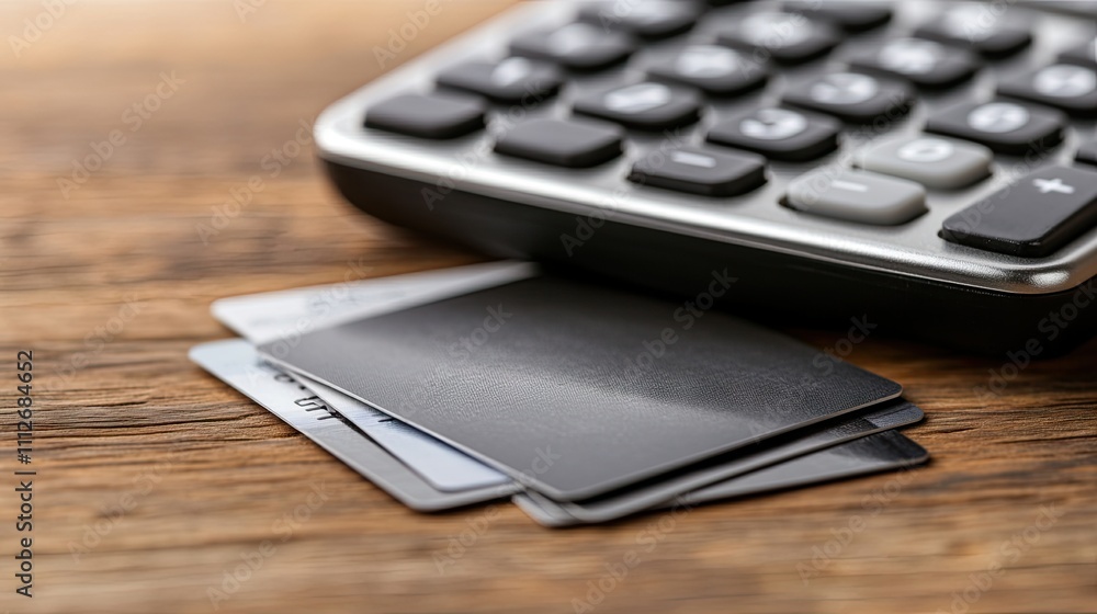 Financial planning tools on a wooden table featuring a close up of a calculator and multiple bank cards Financial planning tools on a wooden table featuring a close up of a calculator and multiple bank cards