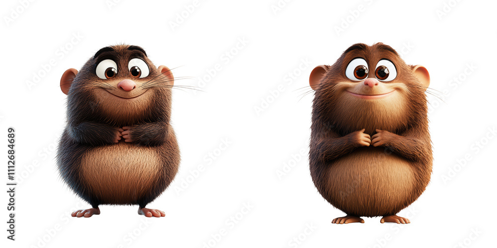 Fototapeta premium Brown mole character, lack of confidence, pitiful but cute, animated character - 3D Set Isolated On Transparent Background PNG