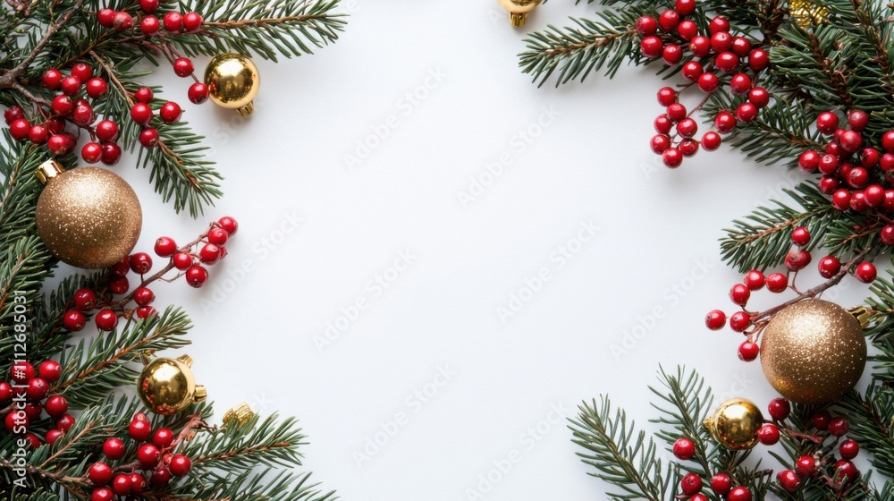 A festive arrangement of evergreen branches, red berries, and golden ornaments, creating a cheerful border for holiday greetings. A festive arrangement of evergreen branches, red berries, and golden ornaments, creating a cheerful border for holiday greetings.