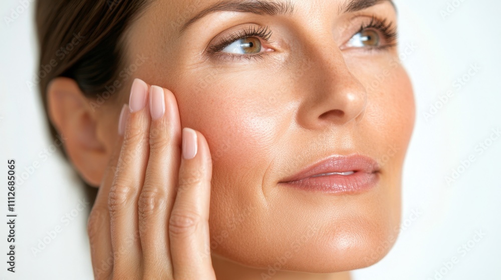 Asian woman gently touching her smooth, glowing cheek, showing radiant healthy skin, white background. Asian woman gently touching her smooth, glowing cheek, showing radiant healthy skin, white background.
