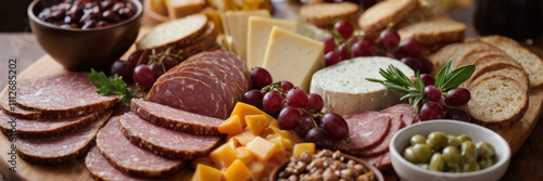 Charcuterie board with spread of meats, cheeses, and accompaniments on table