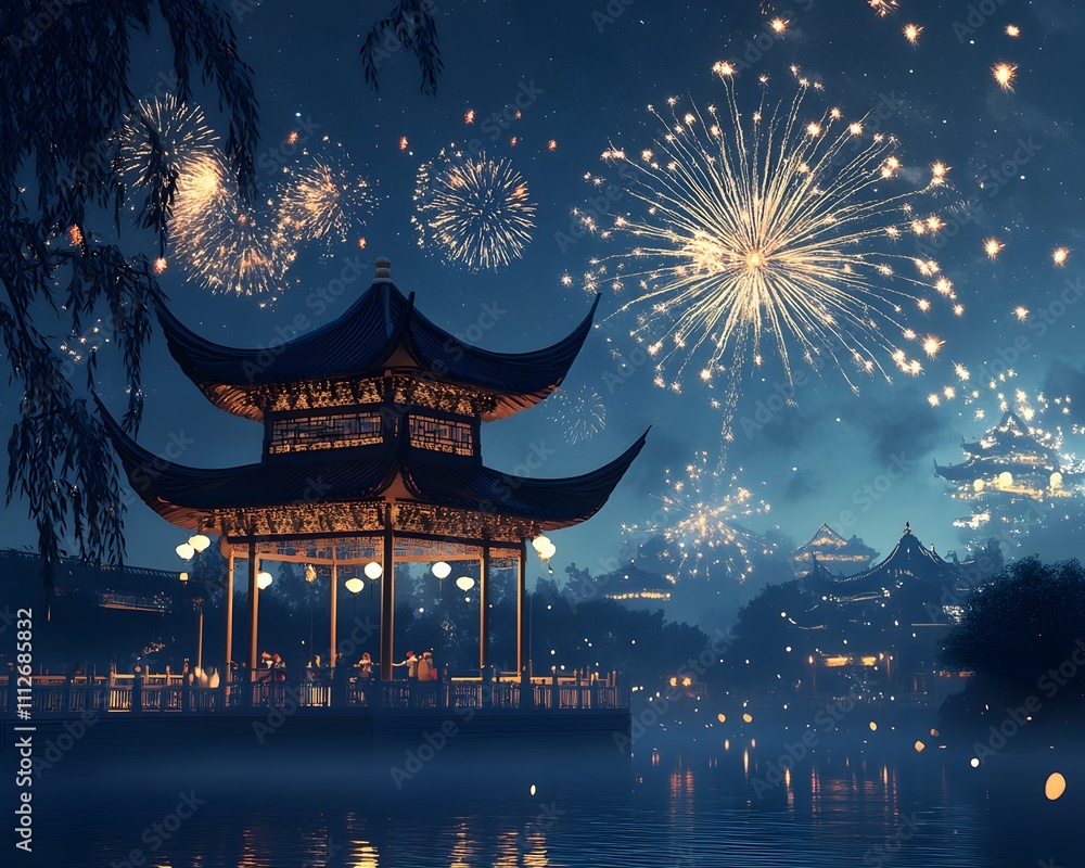 Fototapeta premium A serene night scene featuring a traditional pagoda illuminated by vibrant fireworks against a starry sky reflecting on a tranquil lake, capturing the essence of celebration and be