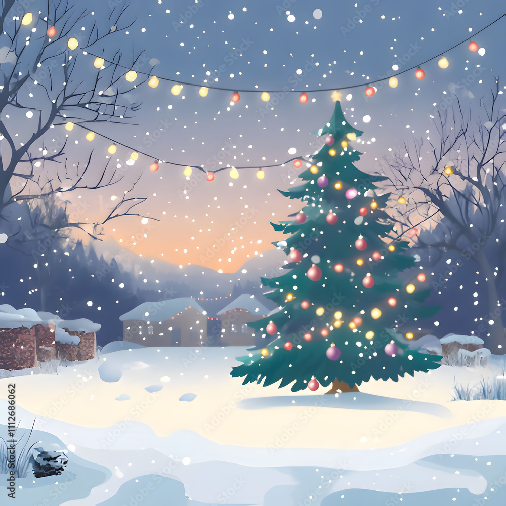 a christmas tree in the snow with a string of lights. Generative AI a christmas tree in the snow with a string of lights. Generative AI