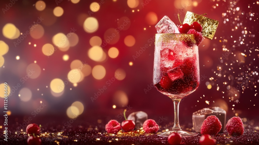 Festive raspberry cocktail with ice and gold accents in a glittery holiday setting Festive raspberry cocktail with ice and gold accents in a glittery holiday setting