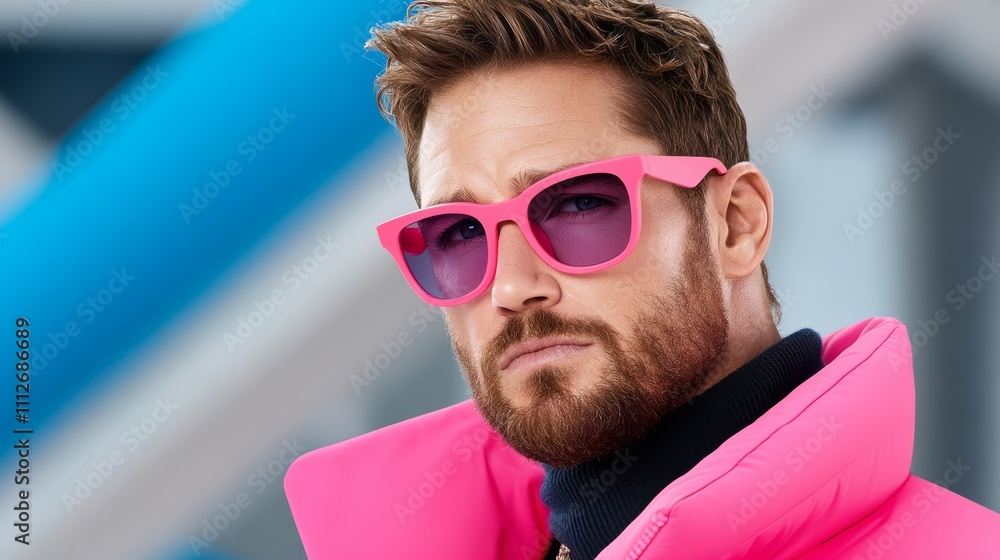 Man wearing pink sunglasses and a pink jacket. He has a beard and a mustache Man wearing pink sunglasses and a pink jacket. He has a beard and a mustache
