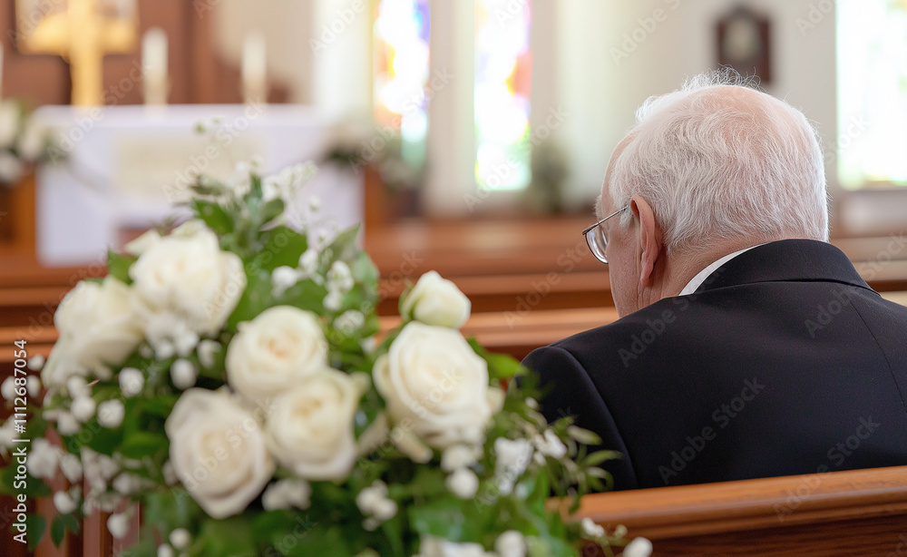 Elderly man sitting in a church pew decorated with white roses, with soft lighting and stained glass in the background. Elderly man sitting in a church pew decorated with white roses, with soft lighting and stained glass in the background.
