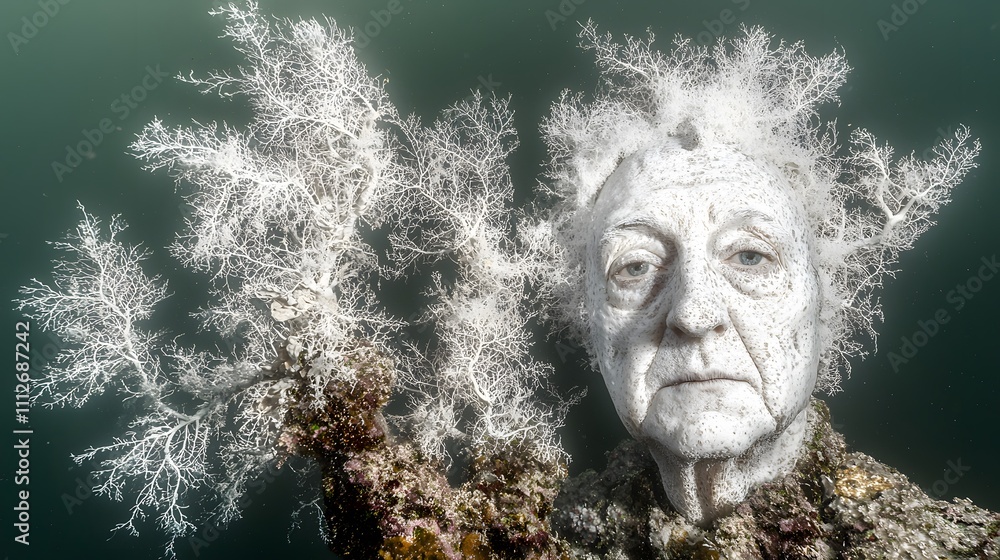 A double exposure of a coral reef viewed from below, overlaid with the face of a concerned individual. The coral begins in its full, colorful state and gradually transitions to white, reflecting A double exposure of a coral reef viewed from below, overlaid with the face of a concerned individual. The coral begins in its full, colorful state and gradually transitions to white, reflecting