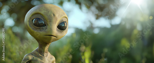 A green alien figure outdoors with expressive eyes, representing curiosity and the search for knowledge. photo