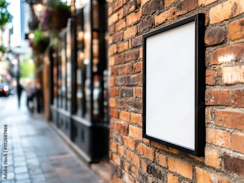 A blank signboard mounted on a brick wall in an urban setting, surrounded by shops, creating a rustic and inviting atmosphere. A blank signboard mounted on a brick wall in an urban setting, surrounded by shops, creating a rustic and inviting atmosphere.