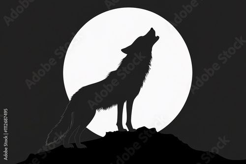 Silhouetted wolf howling at full moon on hill