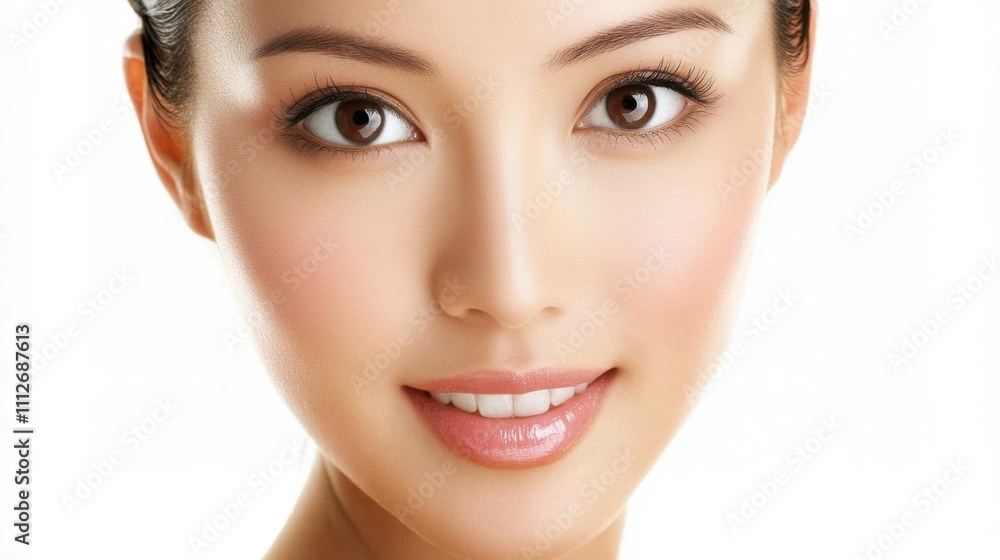 Obraz premium Asian woman glowing skin reflecting natural light, showing health and hydration, white background.