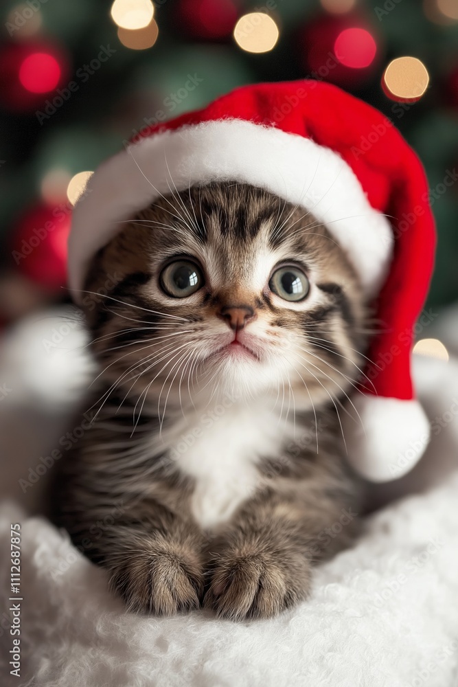 A playful kitten wears a festive Santa hat, capturing the essence of holiday cheer and joy. A playful kitten wears a festive Santa hat, capturing the essence of holiday cheer and joy.