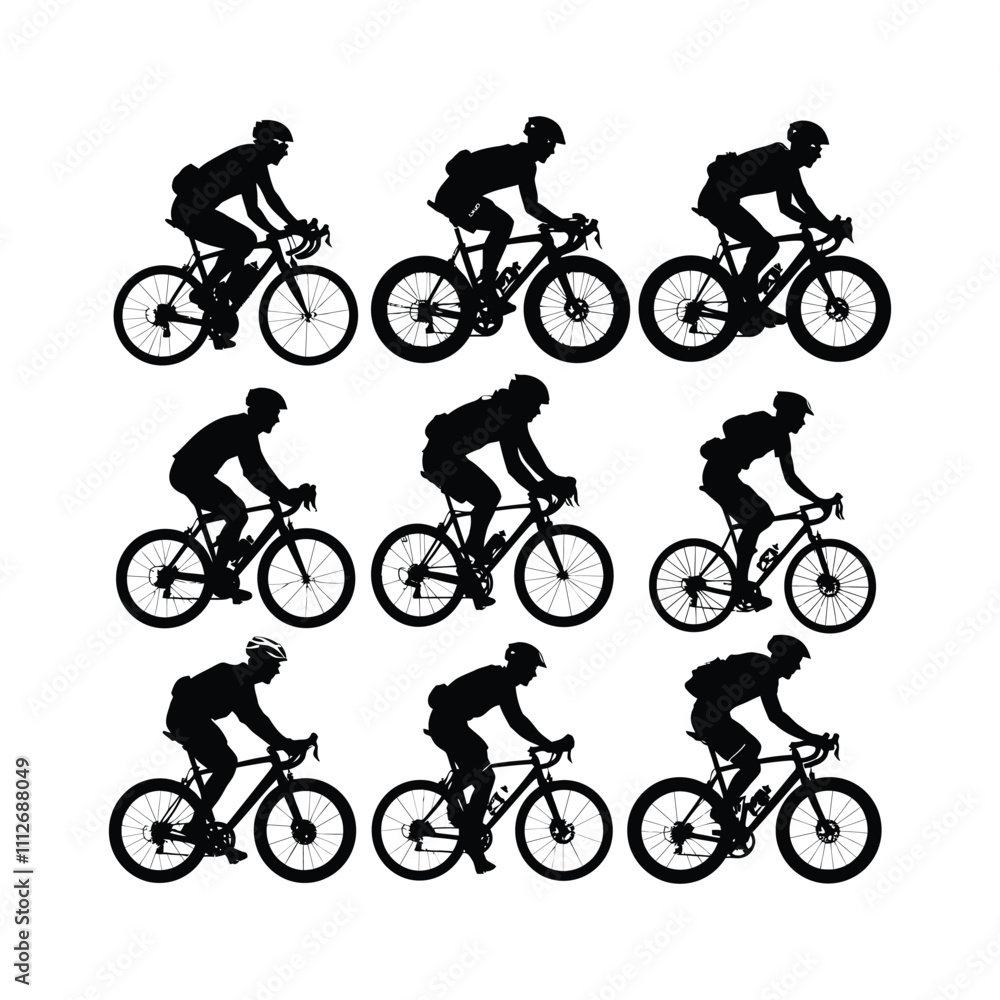 Fototapeta premium Cyclist Riding Bicycle Silhouett set Clipart on a white Background