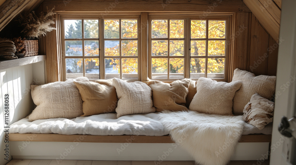 Fototapeta premium Snug reading nook with a window seat and fluf