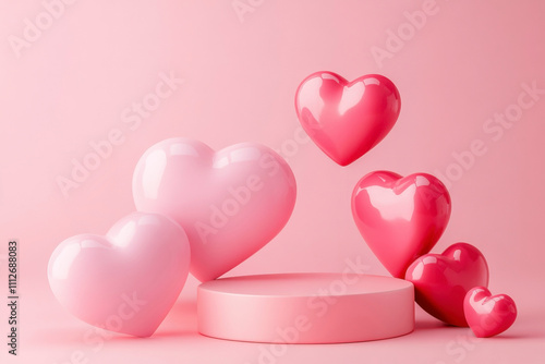 Floating hearts on minimal pink podium soft background product display modern aesthetic high fidelity concept