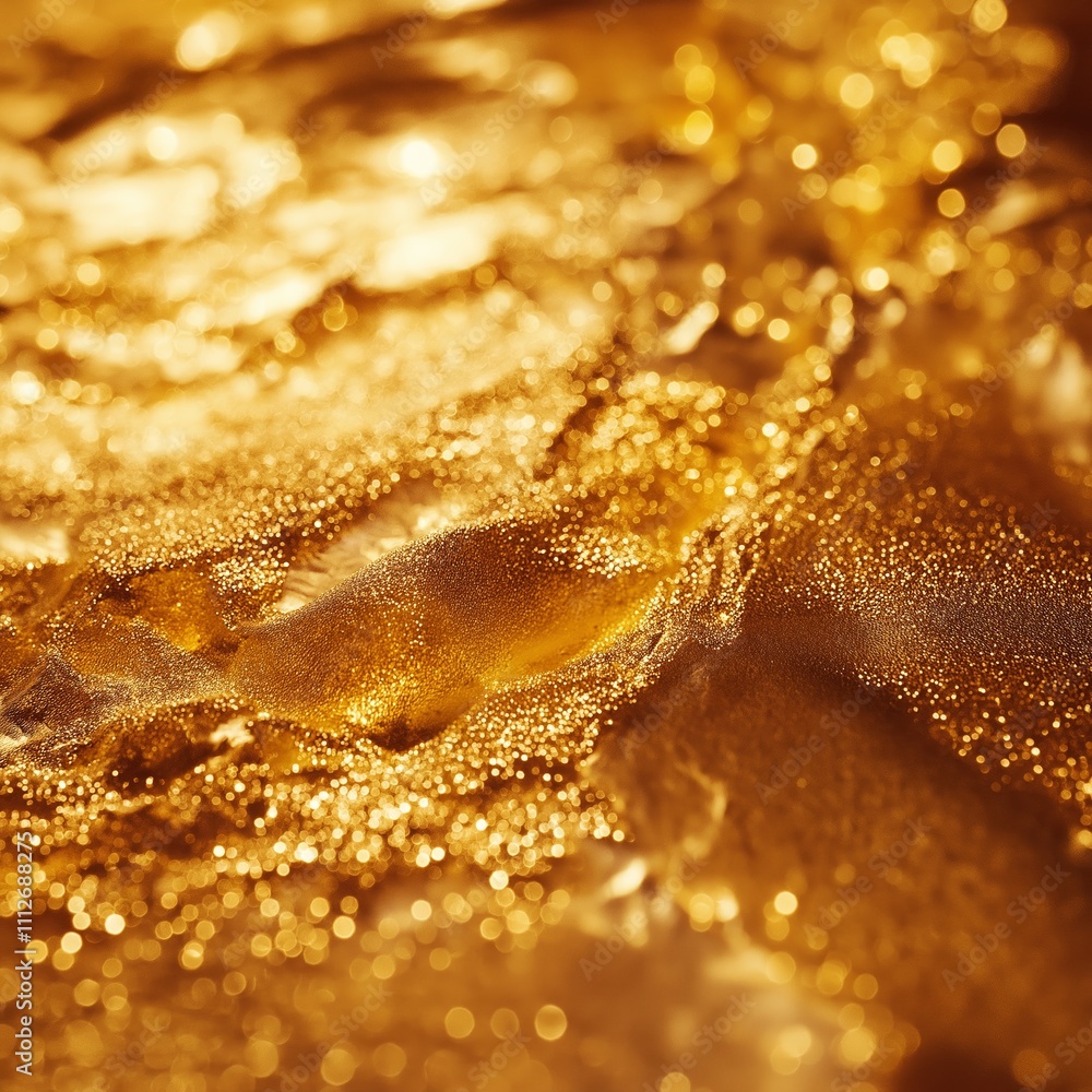 An abstract portrayal of shimmering golden textures resembling flowing water. An abstract portrayal of shimmering golden textures resembling flowing water.