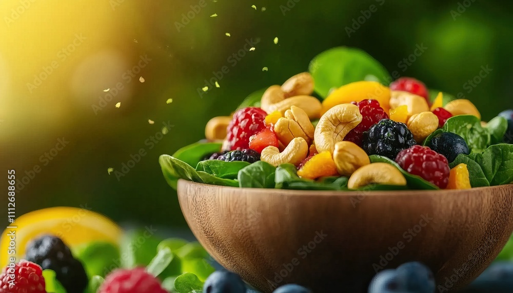 A vibrant salad featuring mixed greens, berries, and cashews, surrounded by a lush green backdrop, evoking freshness and healthy eating. A vibrant salad featuring mixed greens, berries, and cashews, surrounded by a lush green backdrop, evoking freshness and healthy eating.