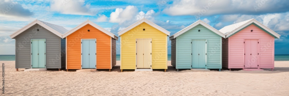 Beach houses in bright pastel colors lined up on a sandy beach. A banner with space for text. Beach houses in bright pastel colors lined up on a sandy beach. A banner with space for text.