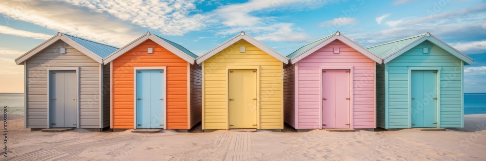 Fototapeta premium Beach houses in bright pastel colors lined up on a sandy beach. A banner with space for text.