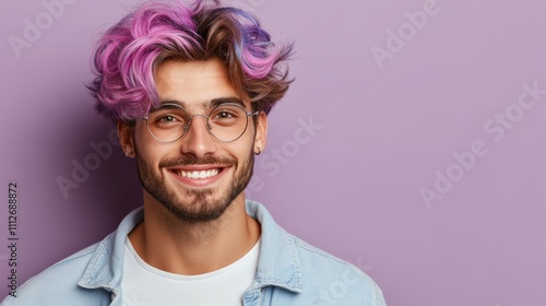 Man with pink and blue hair is smiling and wearing glasses. He is wearing a blue shirt and white shirt