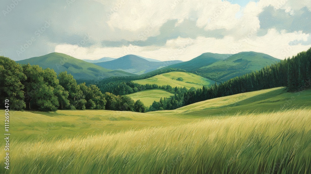 Rolling Green Hills and Tall Grass Under a Cloudy Sky Rolling Green Hills and Tall Grass Under a Cloudy Sky