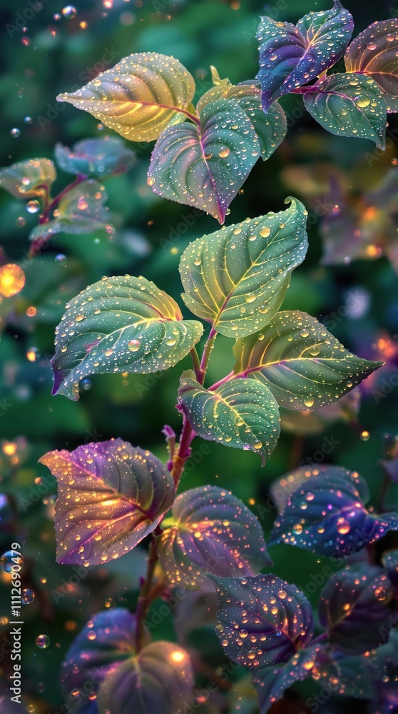 Dense foliage with droplets of water on leaves, vegetation after rainfall, misty landscape Dense foliage with droplets of water on leaves, vegetation after rainfall, misty landscape