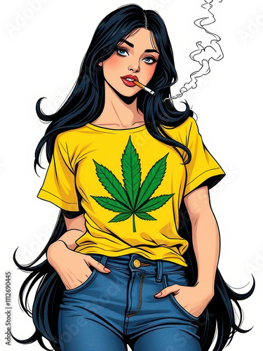 young woman in a yellow t-shirt with a cannabis leaf smoking a cigarette