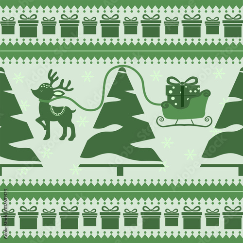 Christmas Reindeer Sleigh Pattern with Gift Boxes and Evergreen Trees - Festive Holiday Design