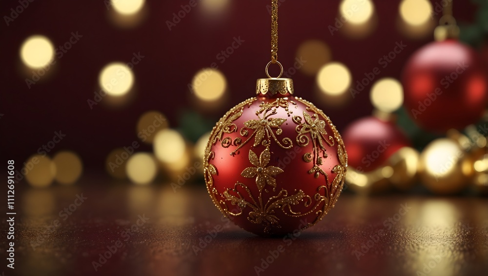 A red Christmas ornament with gold designs, hanging among other ornaments and lights.
A red Christmas ornament with gold designs, hanging among other ornaments and lights.