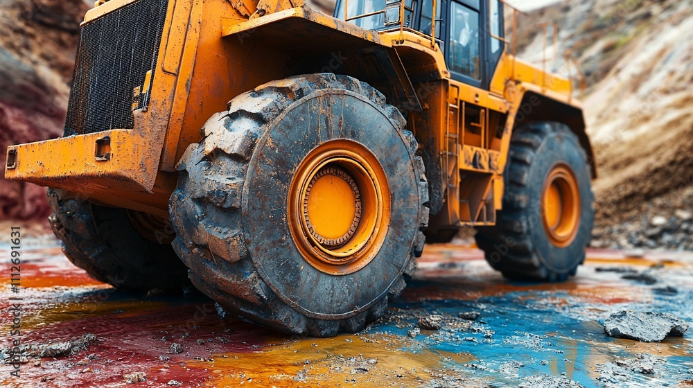 Close-up of a large orange construction vehicle with dirty tires on a colorful quarry floor. Close-up of a large orange construction vehicle with dirty tires on a colorful quarry floor.