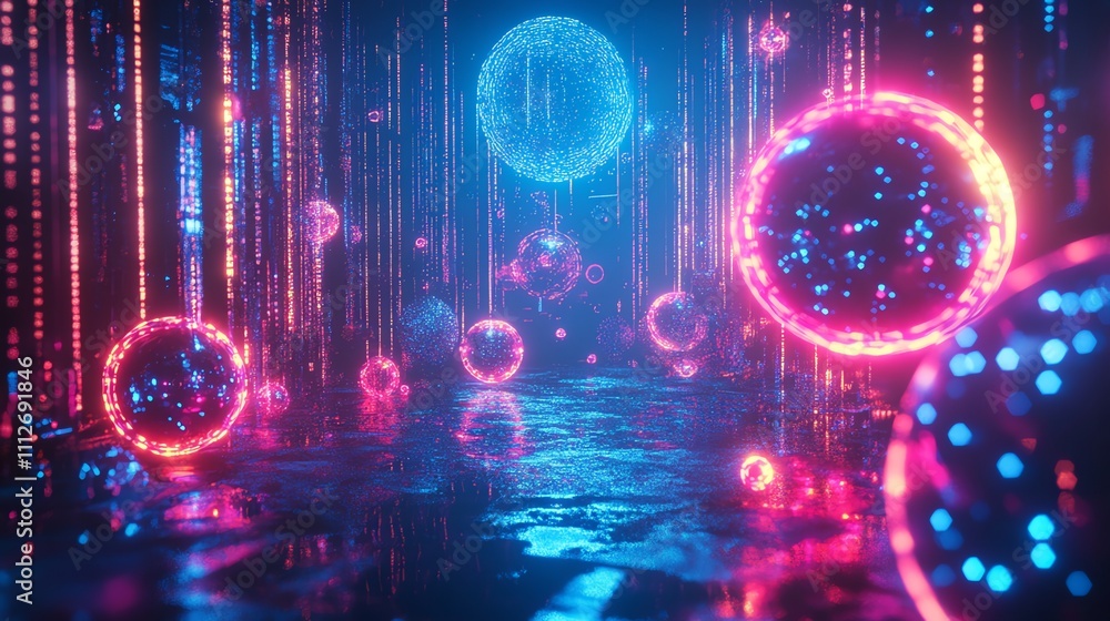 Abstract digital landscape with glowing orbs and neon lights. Abstract digital landscape with glowing orbs and neon lights.