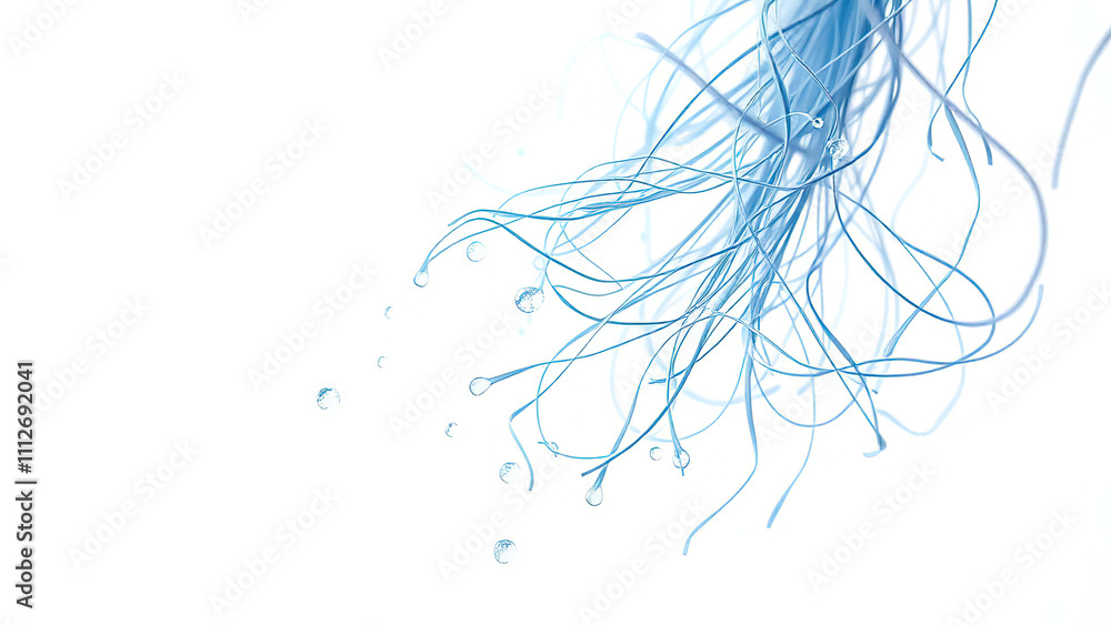 Obraz premium Fine blue paper fibers intertwined with water droplets, paper pulp, handmade paper, macro photography, natural textures