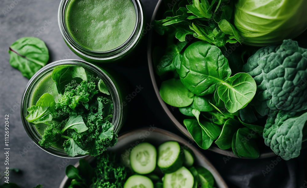 Obraz premium Fresh green vegetables and a jar of green smoothie surrounded by vibrant produce on a wooden table.